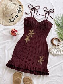 Soleia Vestido de suéter con cuello halter, doble volante y decoración de estrella de mar en color marrón, talla grande, adecuado para vacaciones, citas, tardes de té, playa, cruceros, vacaciones en la ciudad, temporada de bodas, festivales de música, vacaciones bohemias - Marrón - Ver 7