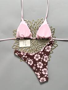 Swim Mod Women's 2026 Spring/Summer New Dual-Color Print Dual-Fabric Triangle Top High-Cut Triangle Bottom Bikini Swimwear 2 Pieces Set - Multicolor - View 3