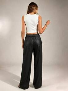 SHEIN PETITE CURVE Plus Size Women's Black Autumn Smart Casual Everyday Pants, CURVE Petite High-Waisted Wide Leg Loose With Pockets, Elegant Office Bussines Gym - Black - View 7