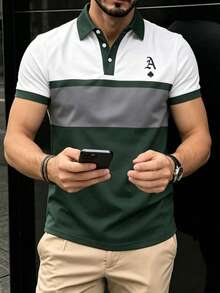 Manfinity Dauomo Men's Letter Print Colorblock Casual Versatile Daily Travel Short Sleeve T-Shirt - Army Green - View 5