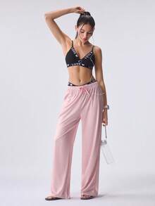 Loungeista Women's Spring/Summer Drawstring Straight Leg Pants, Elegant Casual Homewear & Outerwear - Pink - View 8