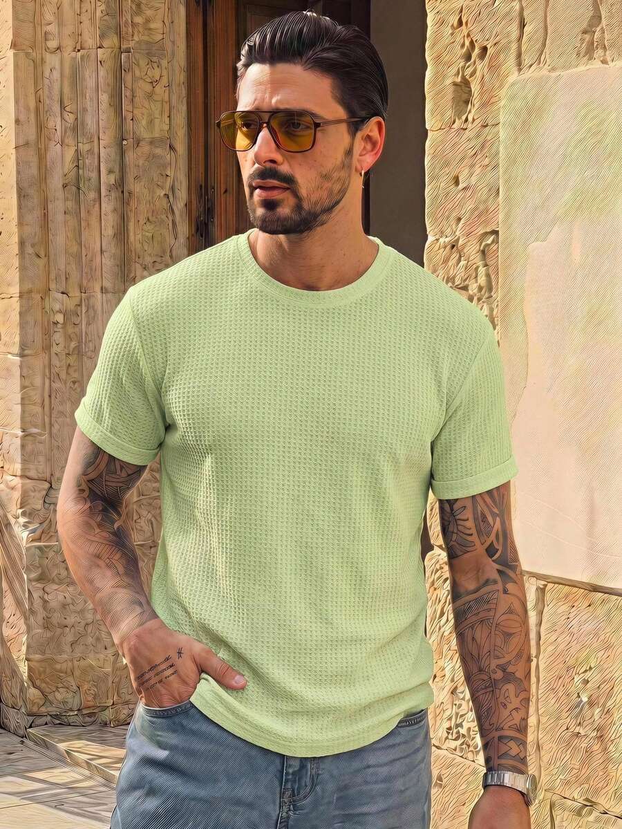Manfinity VCAY Loose Fit Men's Solid Waffle Knit T-Shirt - Light Yellow - View 1