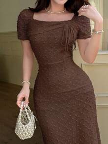 Feyla Women's Summer Elegant Solid Color Textured Mid-Length Dress - Coffee Brown - View 1