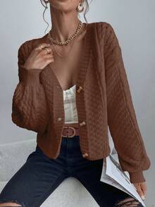 SHEIN LUNE 女款素色單排扣休閒百搭日常外出長袖開襟衫 - 咖啡棕 - 查看 4