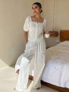 DAZY 2pcs/Set Textured Fabric Puff Sleeve Blouse & Straight Long Pajama Pants Summer Women's Sleepwear Set - White - View 8