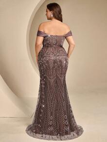 Coutiva Plus Size Sequin Long Formal Evening Gown (Heavy Embellishment Style) - Brown - View 2