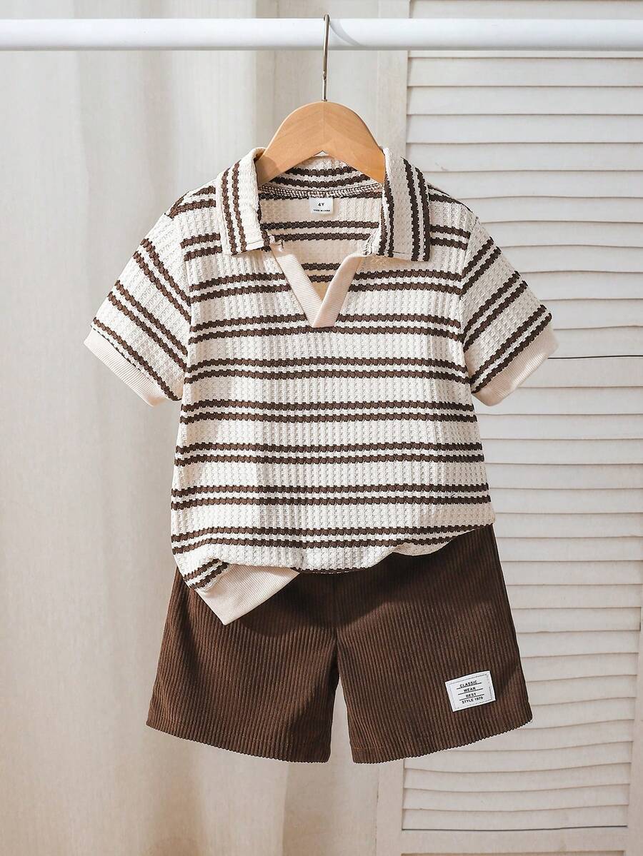 Souflis 2pcs Young Boy Set, Summer Vintage Striped Textured Short Sleeve Polo Shirt + Casual Shorts 2-Piece Outfit - Brown - View 1