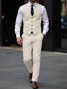 Manfinity Mode Men Business Formal Button Front Vest Suit Blazer And Tailored Pants And Men Vest Suit Clothing 2 Pieces Set For Ceremony - Khaki - View 8