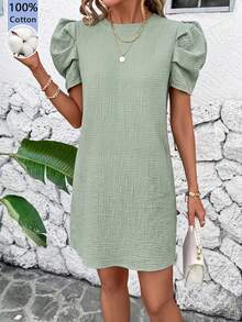 SHEIN Clasi 女士纯色圆领短花瓣袖休闲迷你连衣裙 - 綠色 - 查看 8