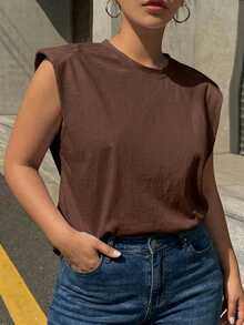 Dazy Plus Solid Color Casual Round Neck Sleeveless Blogger Style Versatile Plus Size Women Spring Summer Brown T-Shirt - Brown - View 5