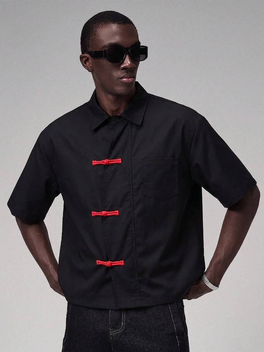 STYNVO Men's Solid Color Lapel Short Sleeve Shirt - Black - View 1