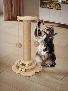 1PC Multifunctional Tall Wooden Cat Scratching Post With Two Tier Track Ball Interactive Feather Hanging Toy Durable No Mess Indoor For Adult Kitten Cat Pet Supplies - Brown - View 9