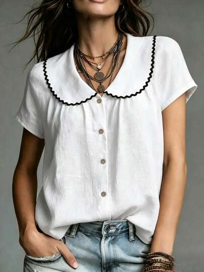 Breezaya Women'scasualelegantFrenchvintageshirts, Summerminimalistdailytops, Versatileforwork&Vacation.Apricotembroidered,Festive,Beach&Cottagecorewhiteblouses
