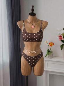 Swim Mod 女款 2 件式比基尼泳衣套裝，波點咖啡色印花，隨機雙肩帶，休閒百搭海灘度假泳裝 - 咖啡棕 - 查看 3