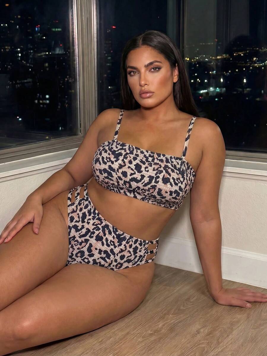 Slaydiva 2026 New Spring/Summer Plus Size 2-Piece Leopard Print Random Pattern Bikini Set With Front Ruched Design And Detachable Shoulder Straps For Women, Suitable For Beach Vacation Wear - Multicolor - View 1