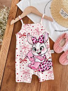 SHEIN LMoss Kids 随机发送1套，可爱多巴胺粉色卡通爱心蝴蝶结兔子印花女婴休闲背带连体短裤，适合春夏、派对、度假、婚礼季、户外野餐、郊游、街头摄影、休闲放松等场合，可作礼物 - 彩色 - 查看 5