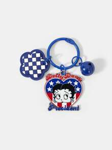 Betty Boop x SHEIN 1PC Betty Boop Blue And White Checkerboard Love Cute Girl Keychain Ring Accessories Bag Paint Bell Decoration Key Ring Small Pendant - Blue - View 3