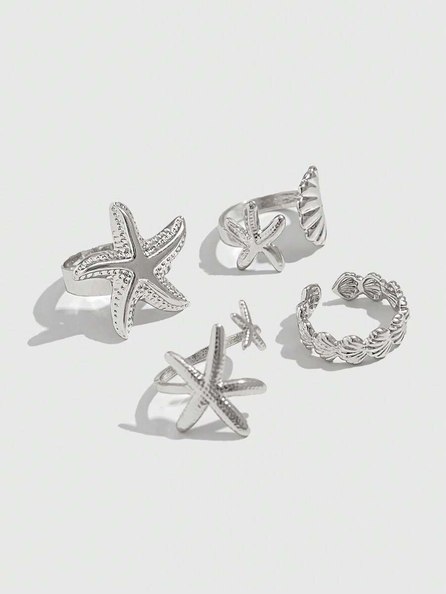 ROMWE Fairycore 4pcs Fashion Ocean Style Rings - Shiny Starfish, Shell, Geometric Metal Rings, Open Ring. Gifts For Women, Daughters, Wives - Silver - Starfish Ring - View 1