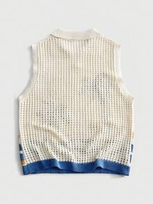ROMWE MEN 男士度假風椰子樹刺繡鏤空針織背心 夏季寬鬆版型翻領無袖 Polo 上衣 - 米色 - 查看 3