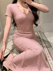 DAZY V領碎花修身女款睡裙家居服 夏款睡衣連身裙 - 粉色 - 查看 5