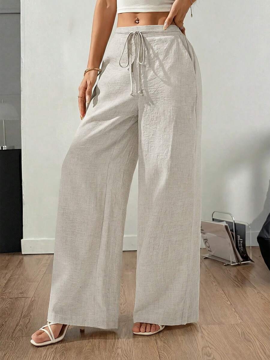 SHEIN Tall CURVE Damen Große Größen einfarbige Leinen Kordelzug Weites Bein Taschen Strukturierte Lässig Hose, Vintage Stil Locker Sitzende Leinen Hose, Sommer Strand Urlaub Hose, Cargohose - Aprikosenfarben - Übersicht 1
