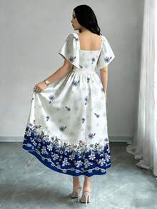 Modelyn Women's Short Sleeve Digital Print Waist-Cinching Dress, Off-Shoulder Sleeve Ruffle Hem Elegant And Beautiful - White - View 2