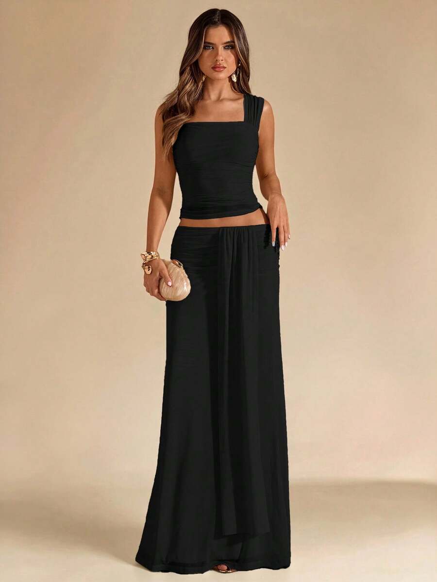 SHEIN BAE Ensemble 2 pièces femme en maille, débardeur bandeau froncé abricot unicolore et jupe longue taille basse froncée à nouer devant, tenue de plage pour vacances d'été, jupe bohème dos nu, tenue de concert, ensemble 2 pièces demoiselle d'honneur de mariage - Noir - Voir 1