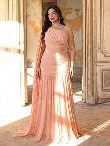 Aureia Plus Size Elegant Romantic Conservative One-Shoulder Pleated Ruched Waist A-Line Dress, Suitable For Evening Party, Single Party, Date, Ball, Vacation, Wedding, Bridesmaid - Orange - View 4