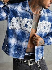 AXEPEAK Men's Casual Shirt Loose Cropped Fit Rhinestone Embellished Top - Multicolor - View 1