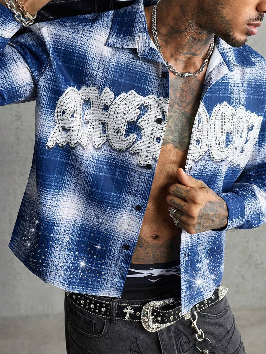 AXEPEAK Men's Casual Shirt Loose Cropped Fit Rhinestone Embellished Top - Multicolor - View 1