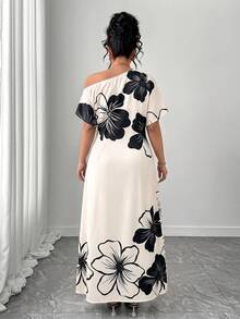 SHEIN Clasi Plus Size Women's Elegant Floral Placement Print Asymmetrical Shoulder Dress, High Slit, Twisted Waist Design Vacation Brunch White Summer - Beige - View 2