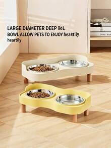 1Pc Elevated Cat Food Bowl With Anti-Splash Fence, Stainless Steel Double Dish For Cats & Small Dogs, Durable Non-Tip Design With Wooden Legs, Easy-Clean Pet Feeder For Mess-Free Meals. - 500ml - View 2