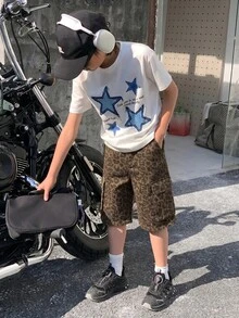 SHEIN Little Byeori 兒童青少年男孩豹紋口袋時尚休閒工裝牛仔短褲 假日棕色夏季款 - 彩色 - 查看 5