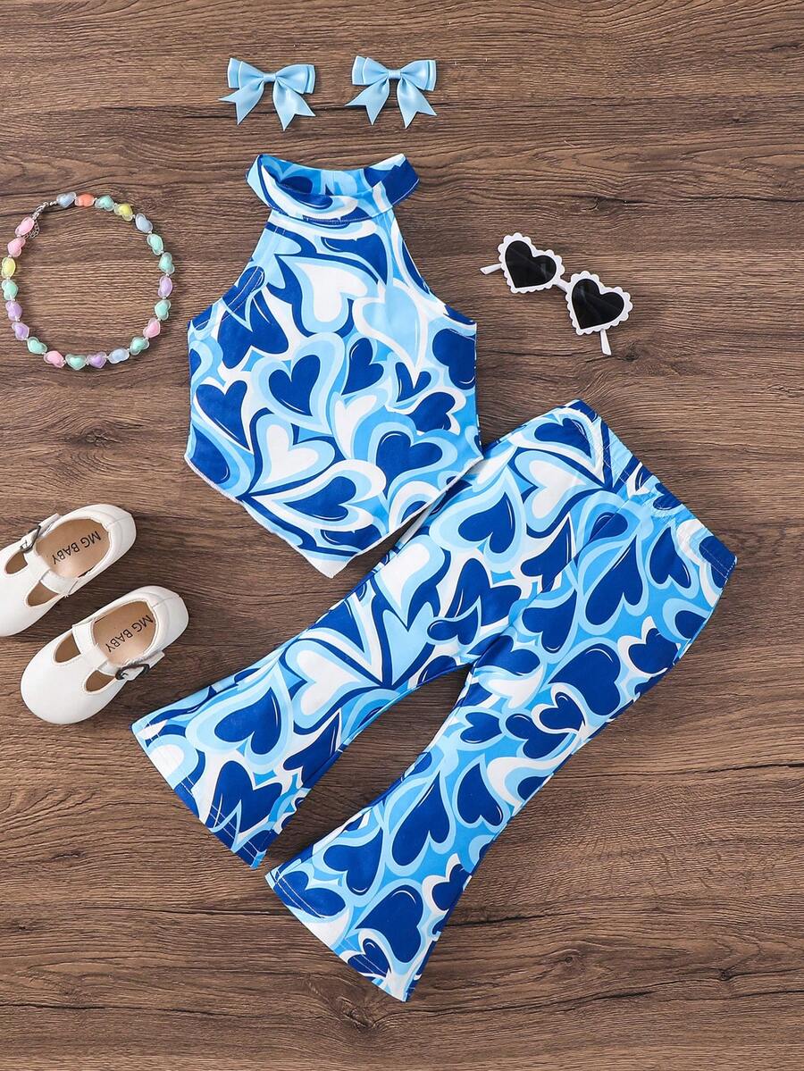 SHEIN Babygirl Casual Collared Sleeveless Asymmetric Hem Heart Print Tank Top And Flare Pants Set - Blue - View 1