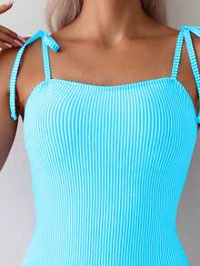 SHEIN Swim 女款條紋肩部綁帶連身泳衣，適合度假 - 天藍色 - 查看 5