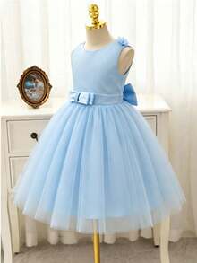 SHEIN Glamorique Kids 女童皇家藍無袖珍珠蝴蝶結網紗洋裝，適合晚宴、生日派對、表演、夏季 - 藍色 - 查看 3