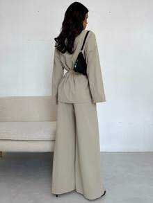 SHEIN PETITE CURVE Plus Size Petite Elegant Casual Teachers' Day/Commuting Women's Collar Tied Loose Shirt High Waisted Soft Pants Autumn Beige Office Formal - Khaki - View 3