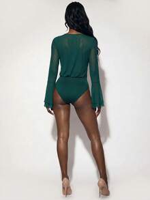 Amplova Body con cuello en pico, mangas largas y volantes en el bajo y los puños para mujeres - Verde militar - Ver 3