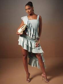 NYA SZN HIGH LOW RUFFLED DENIM ROCK MIT AUSGEFRANSTEN KANTEN - Helle Waschung - Übersicht 4