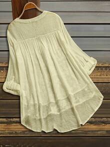 SHEIN LUNE 大尺碼女款刺繡缺口V領捲袖休閒襯衫 - 淡黃色 - 查看 2