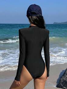 Livesso Women's Colorblock Raglan Long Sleeve Casual One-Piece Swimsuit Summer Beach Outfits - Black and White - View 2