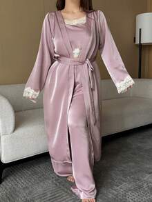 Dazy Plus Conjunto de 3 piezas de pijama romántico y elegante para boda con bata de satén, camisola de encaje con patchwork y pantalones largos, talla grande para mujer, primavera, verano y otoño - Rosa - Ver 2