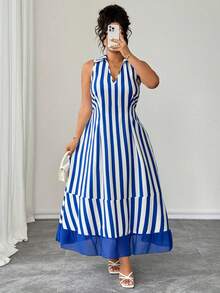 SHEIN LUNE CURVE 大码女士优雅简约通勤休闲度假性感日常约会派对购物荷叶边雪纺拼接蓝白条纹中长连衣裙 - 藍白色 - 查看 4