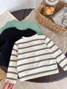SHEIN LMoss Kids Kids Young Boy Knit Solid Color Striped Crew Neck Casual T-Shirt 3pcs Set - Multicolor - View 2