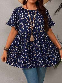 Rusticease Kemeja Ukuran Besar Gaya Resor Kasual Lengan Berkerut dengan Motif Seluruh Permukaan, Pakaian Musim Panas untuk Wanita/Musim Panas, Pakaian Liburan Tropis Wanita - Navy Blue - View 4