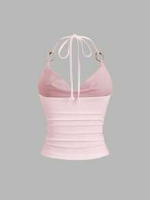 Sweetra New Y2K Metal Ring Accessory Commuter Versatile Cowl Neck Lace-Up Draped Neck Women's Tank Top - Pink - View 2