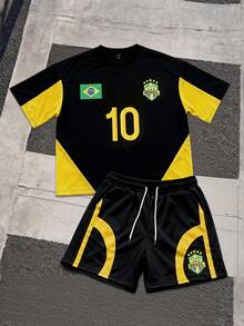 ROMWE MEN Men's World Cup Brazil T-Shirt And Drawstring Waist Shorts Set - Black - View 4