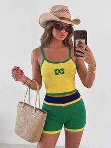 Flirla Conjunto de 2 piezas sexy para mujer para vacaciones en la playa, top casual & shorts de cintura baja de moda, conjunto para Pascua - Multicolor - Ver 5