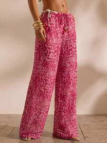 Opulessa Women's Drawstring Waist Leopard Print Casual Travel Cover-Up Long Pants - Pink - View 6