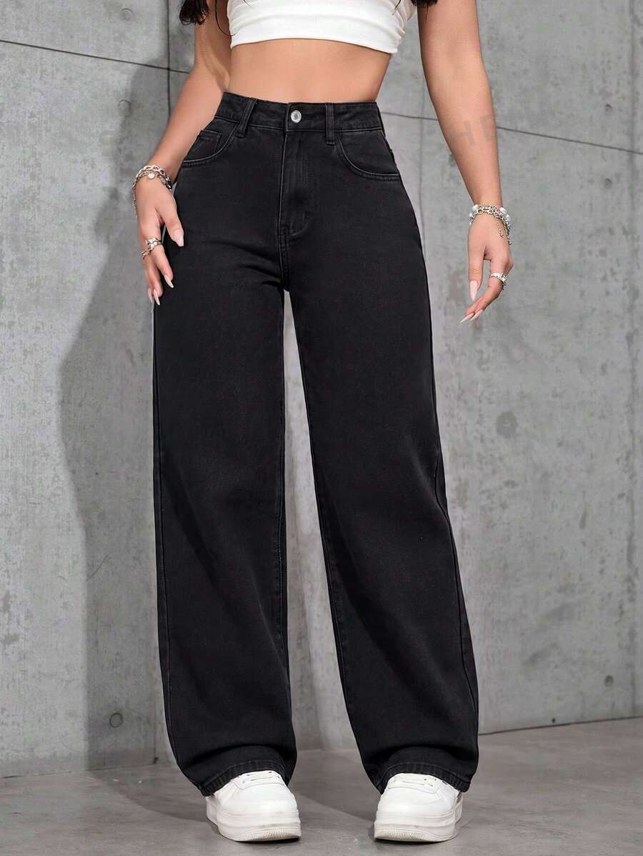 SHEIN PETITE 女士口袋宽松阔腿休闲百搭牛仔裤 - 淺色水洗藍 - 查看 1